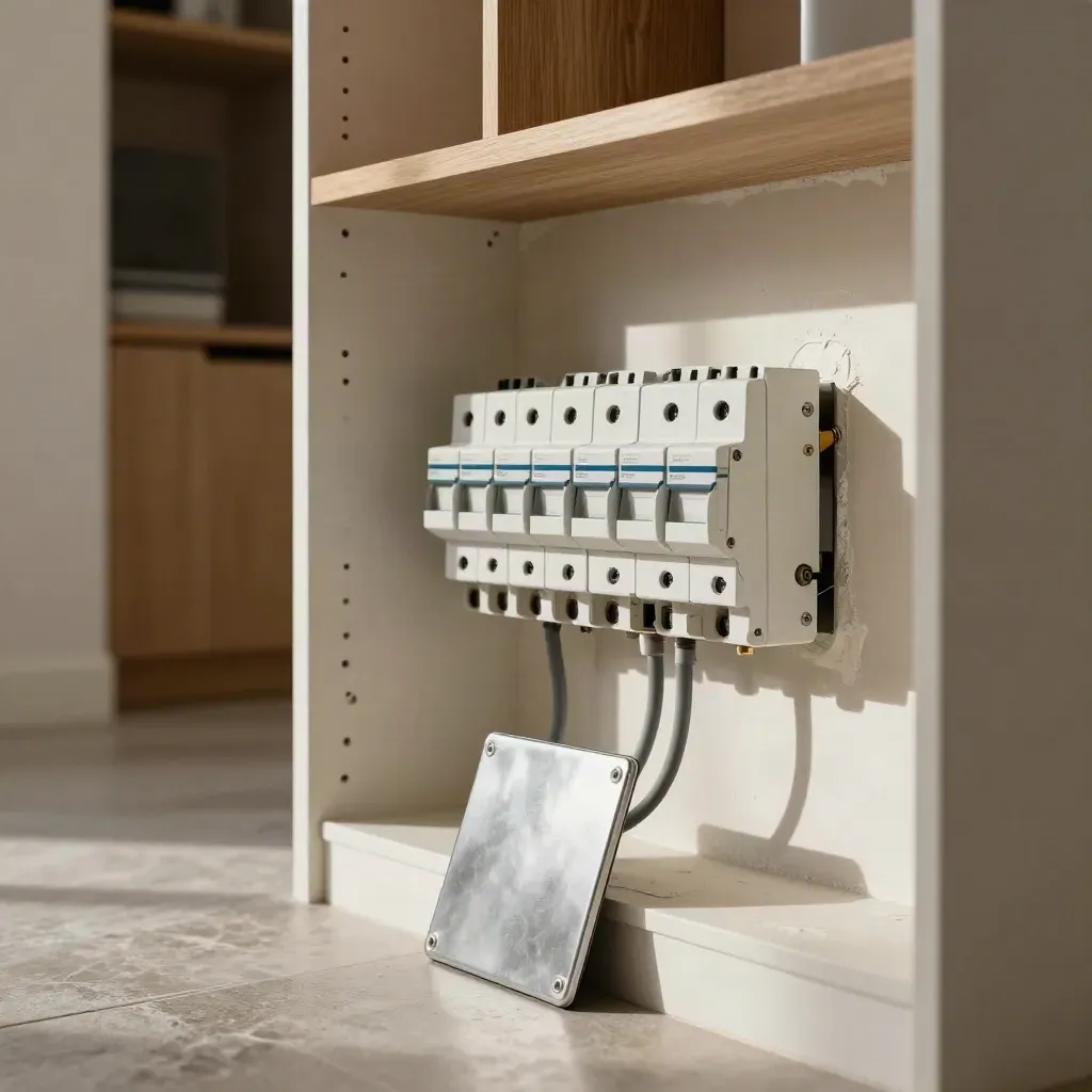 Modern consumer unit upgrade in a tidy utility cupboard with fresh plaster and neat cabling.