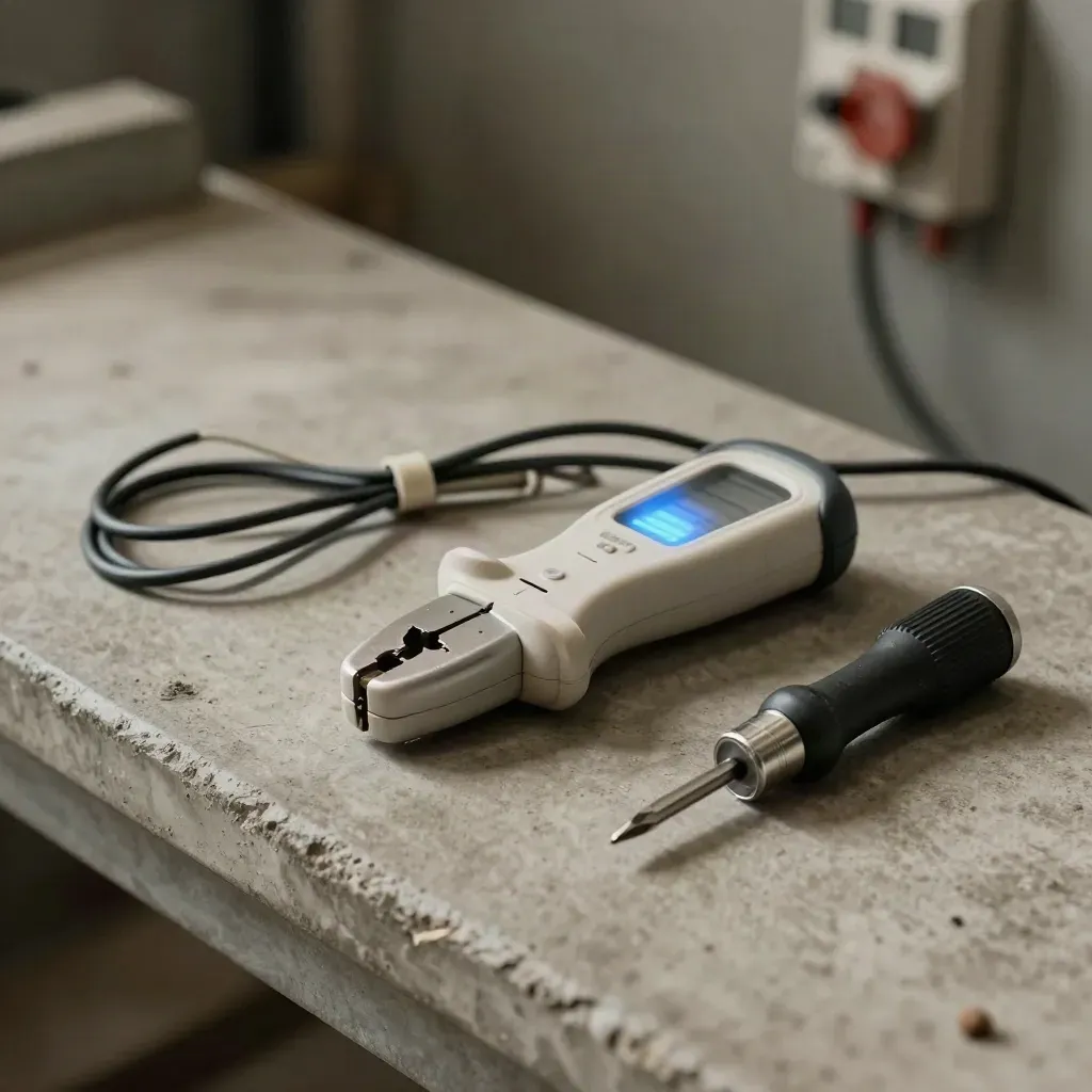 Socket tester, leads, screwdriver and torch on a concrete workshop bench