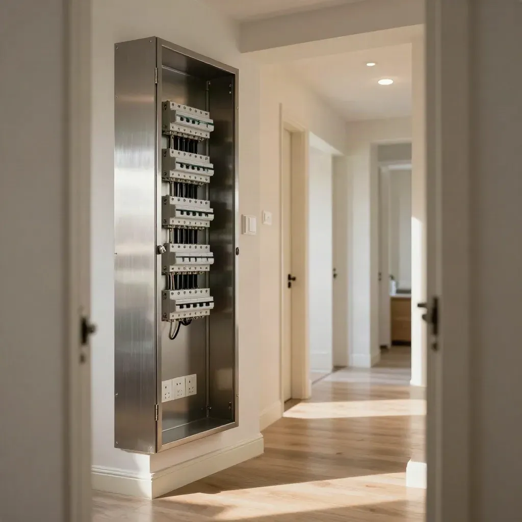 Long rental hallway with open electrical cupboard, fresh sockets and lit rooms.