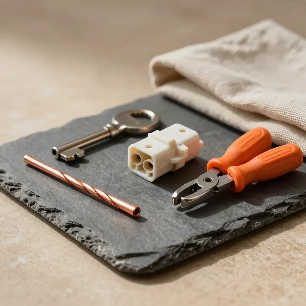 Copper wire ends, socket module and orange-handled drivers on a stone tray with linen cloth.