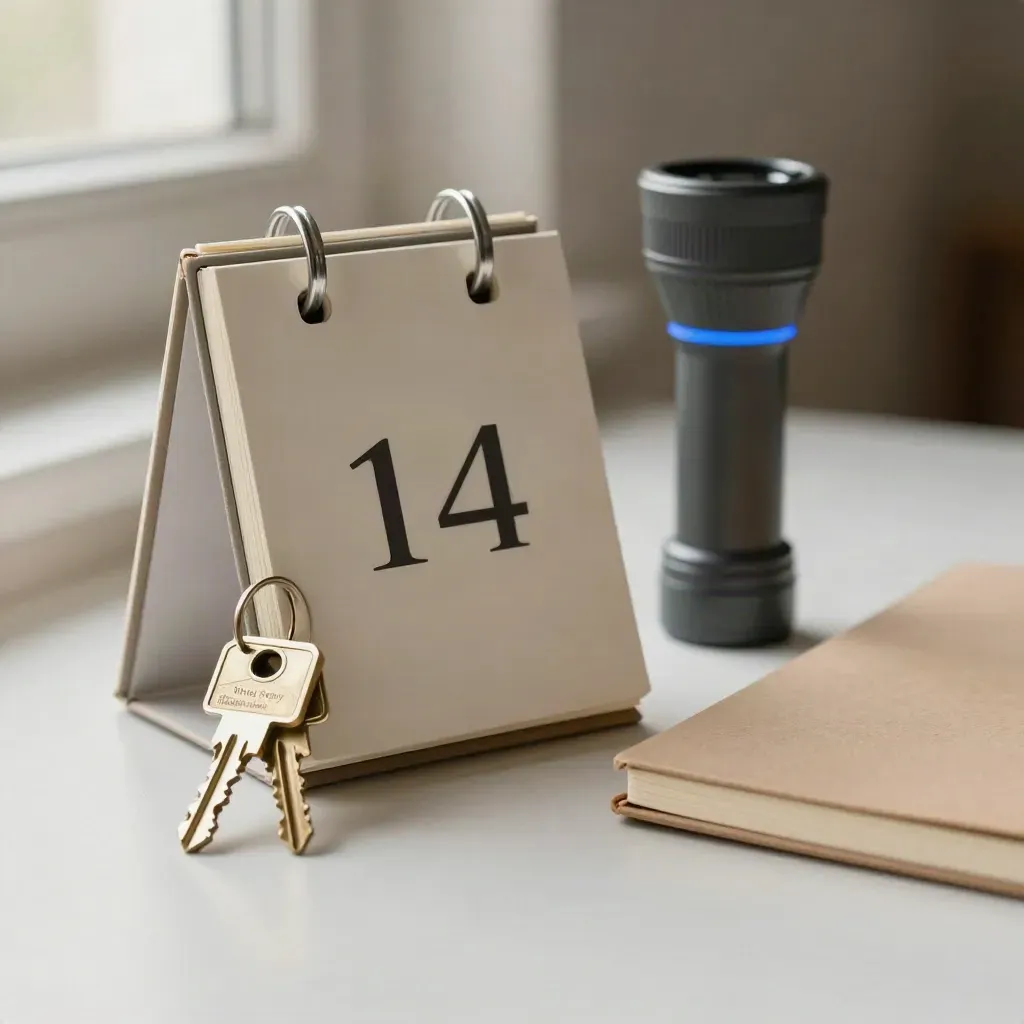 Calendar block, key ring, torch and notebook on a pale plaster sweep.