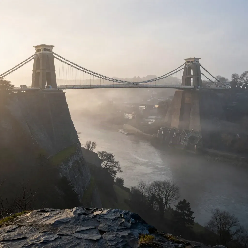 Clifton Suspension Bridge emerging from mist over Avon Gorge at sunrise